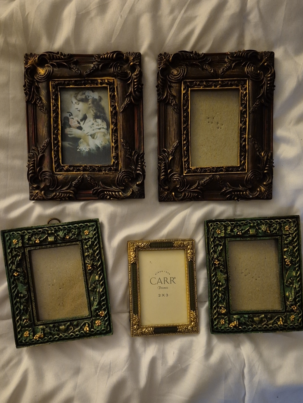 and Vintage Decorative Picture Frame Set in Gold, Bronze, and Green
